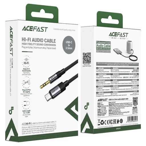 Audio kábel Acefast (J11) - Mini Jack 3.5mm - Type-C, Alumínium + Nylon fonott, Hi-Fi hangzás, Plug & Play, 1m - Fekete - 11