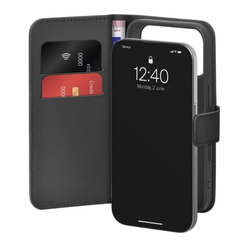Puro Wallet Stand tok iPhone 17 Pro-hoz, Eco-bőrből, Fliptok, Pénztárca és Támasztó Funkcióval - Fekete - 1
