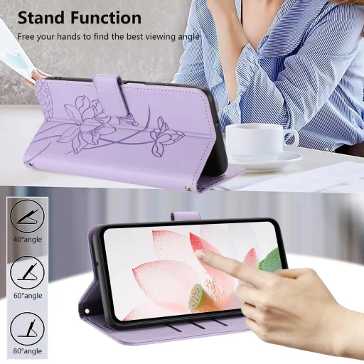 Honor X5c Plus - lótusz mintás, dombornyomott műbőr telefontok, fliptok nyakpánttal, lila - 5