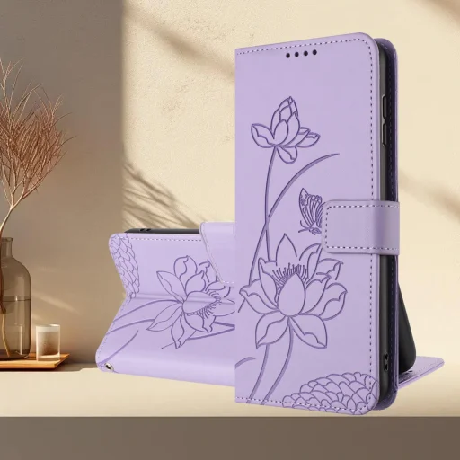 Honor X5c Plus - lótusz mintás, dombornyomott műbőr telefontok, fliptok nyakpánttal, lila - 8