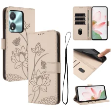 Honor X5c Plus - lótusz mintás, dombornyomott műbőr telefontok, fliptok nyakpánttal, bézs