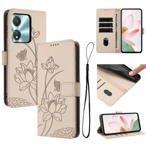 Honor X5c Plus - lótusz mintás, dombornyomott műbőr telefontok, fliptok nyakpánttal, bézs - 1