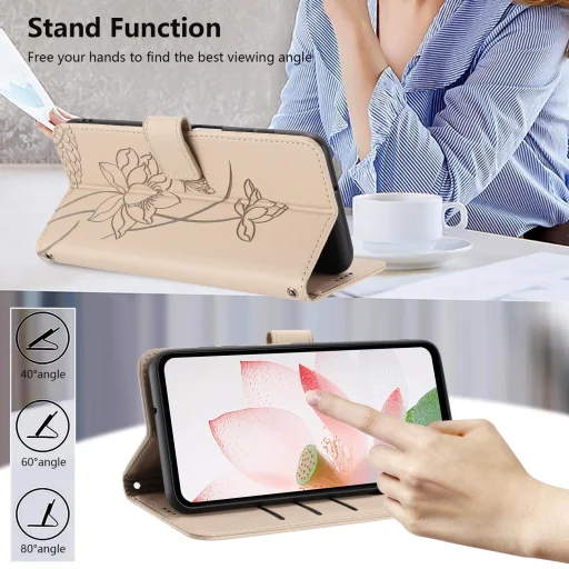 Honor X5c Plus - lótusz mintás, dombornyomott műbőr telefontok, fliptok nyakpánttal, bézs - 4