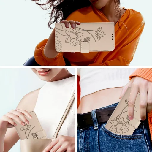 Honor X5c Plus - lótusz mintás, dombornyomott műbőr telefontok, fliptok nyakpánttal, bézs - 6