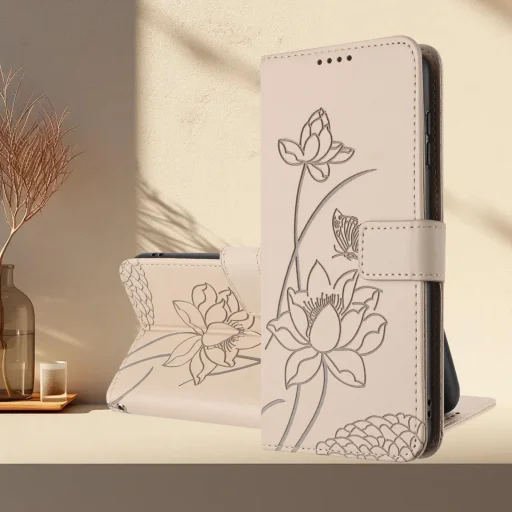 Honor X5c Plus - lótusz mintás, dombornyomott műbőr telefontok, fliptok nyakpánttal, bézs - 8