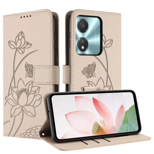 Honor X5c Plus - lótusz mintás, dombornyomott műbőr telefontok, fliptok nyakpánttal, bézs - 2