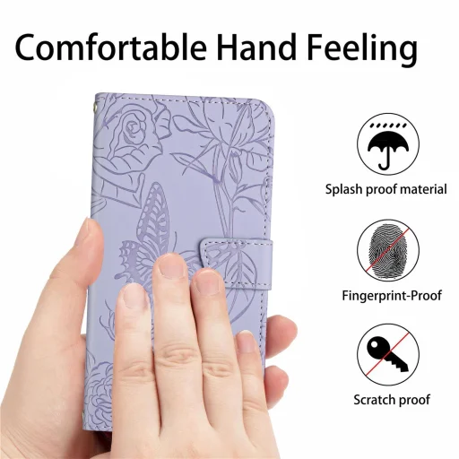 Honor X5c Plus - HT03 bőrhatású, pillangó mintás, dombornyomott flip műbőr tok, lila - 6