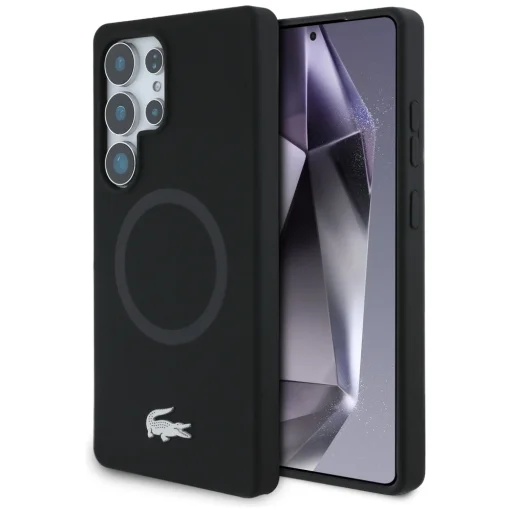 Samsung Galaxy S25 Ultra tok Lacoste Szilikon Mikroszálas Ezüst Krokodil Logó MagSafe fekete tok - 1