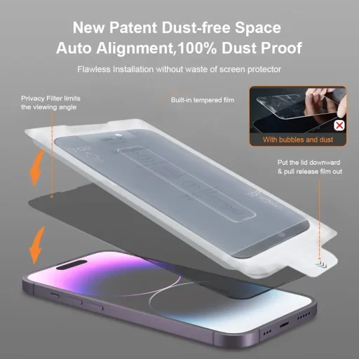 Edzett üveg Teljes Ragasztású Privacy Könnyen Felhelyezhető Doboz iPhone 16 Pro/17 fekete üvegfólia - 6