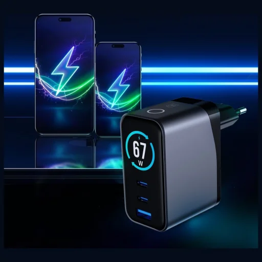 3MK InCharge Lumin PD 67W QC4+ PPS AFC FCP SCP USB-A 2xUSB-C TFT kijelzővel fekete hálózati töltő adapter - 5