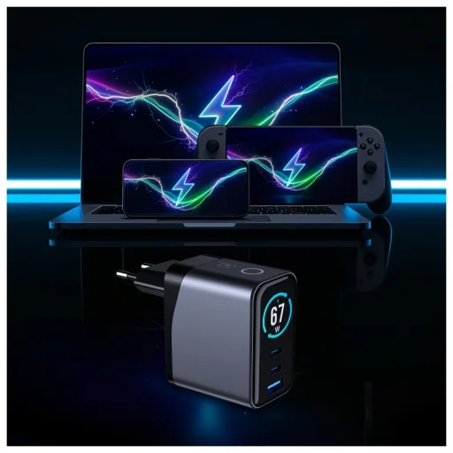 3MK InCharge Lumin PD 67W QC4+ PPS AFC FCP SCP USB-A 2xUSB-C TFT kijelzővel fekete hálózati töltő adapter - 7