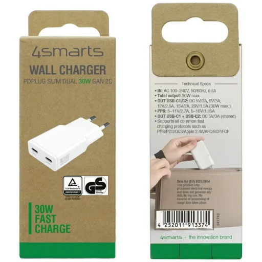 4smarts FlatPlug Slim  Dual 30W GaN 2xUSB-C fehér hálózati töltő adapter - 8