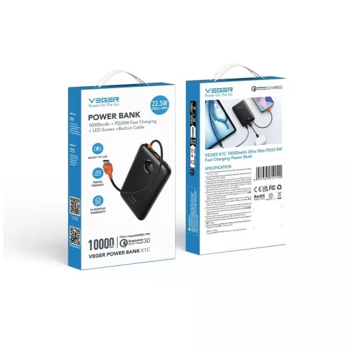 Powerbank 10000 mAh beépített kábellel USB C QC3.0 PD 2A 22,5W K1C W1189 fekete - 4