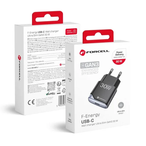 Forcell F-Energy Ultra Slim GaN III USB C PD QC4.0 3A 30W B130101-E fekete hálózati töltőadapter - 1