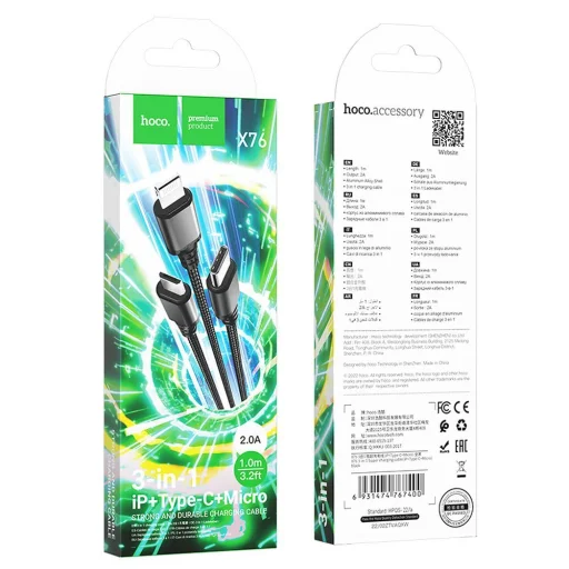 3in1 USB-A - Lightning / Micro USB / USB-C Kábel Hoco 2A 1 m fekete, - 5