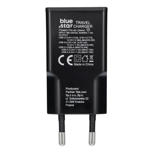 Blue Star Slim GaN USB C + USB A QC4.0 PD 3A 25W TFK-SC-25WAC fekete hálózati USB-C töltő adapter - 3