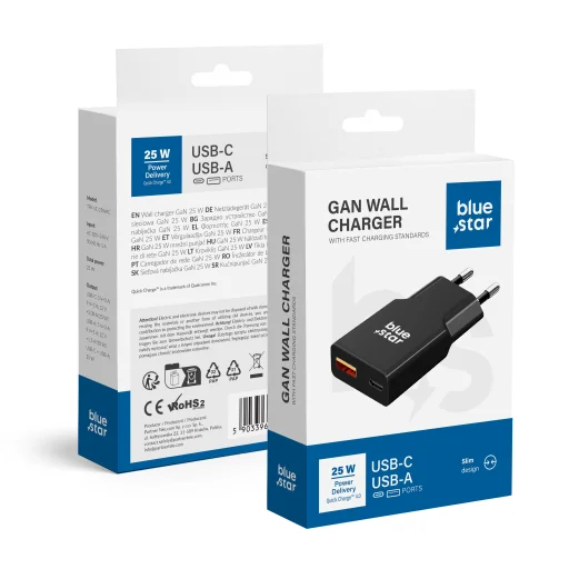 Blue Star Slim GaN USB C + USB A QC4.0 PD 3A 25W TFK-SC-25WAC fekete hálózati USB-C töltő adapter - 1