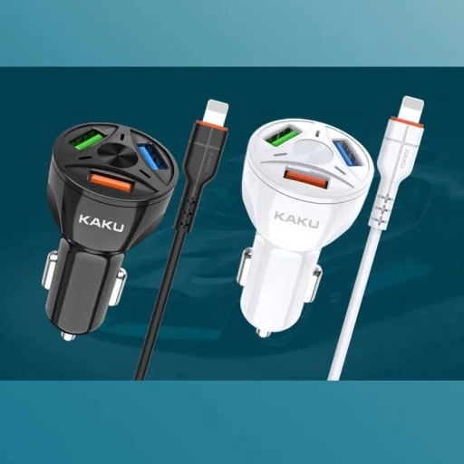 KAKU Univerzális autós töltő 20W 4,8A QC3.0 3xUSB + Lightning kábel fehér (KSC-493) - 2