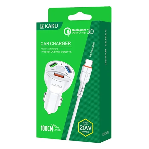 KAKU Univerzális autós töltő 20W 4,8A QC3.0 3xUSB + USB Type-C kábel fehér (KSC-493) - 3