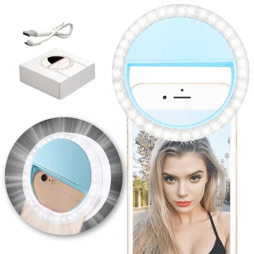 LED Selfie körfény USB, tölthető + Micro USB kábel kék - 1