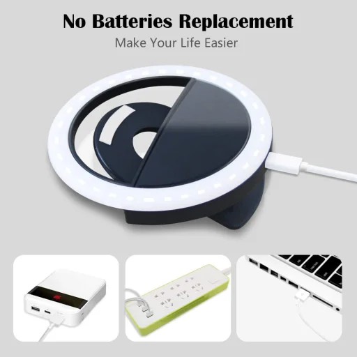 LED Selfie körfény USB, tölthető + Micro USB kábel fekete - 4