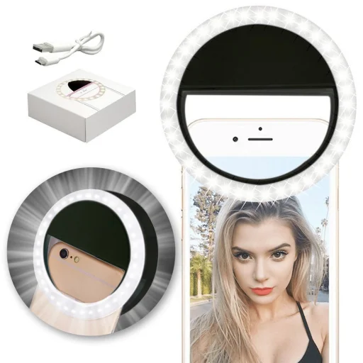 LED Selfie körfény USB, tölthető + Micro USB kábel fekete - 1