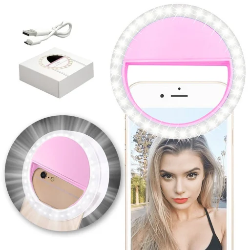 LED Selfie körfény USB, tölthető + Micro USB kábel pink - 1