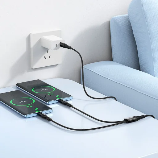 Hoco 2 az 1-ben USB C-ről USB C+C-re kábel 1 m fekete - 7