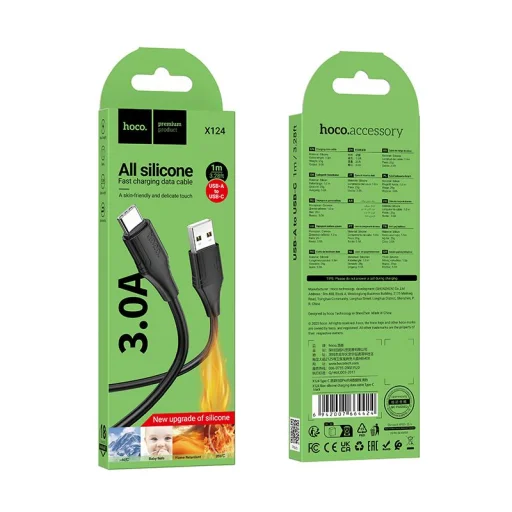 Szilikon kábel USB A-ról USB C-re, Hoco 3A 1 m X124 fekete - 6