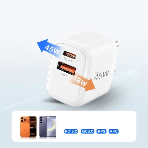 Tech-Protect NCA45W-GAN 2-portos hálózati töltő PD 45W / QC3.0 + Type-C kábel Fehér - 8