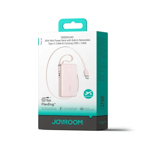Joyroom JR-PR2L 10000mAh 35W Power Bank beépített visszahúzható USB-C kábellel és Lightning nyakpánt kábellel - Rózsaszín - 2