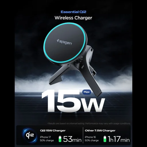 SPIGEN EV15MAQ ESSENTIAL MAGNETIKUS MAGSAFE AUTÓS TELEFONTARTÓ VEZETÉK NÉLKÜLI TÖLTŐ 15W Qi2 FEKETE - 2