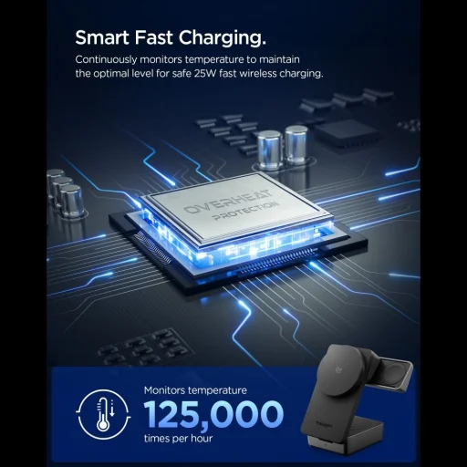 Spigen Essential EF323MQ 3in1 Mágneses MagSafe Vezeték nélküli töltőállomás 25W Qi2.2 Fekete - 11