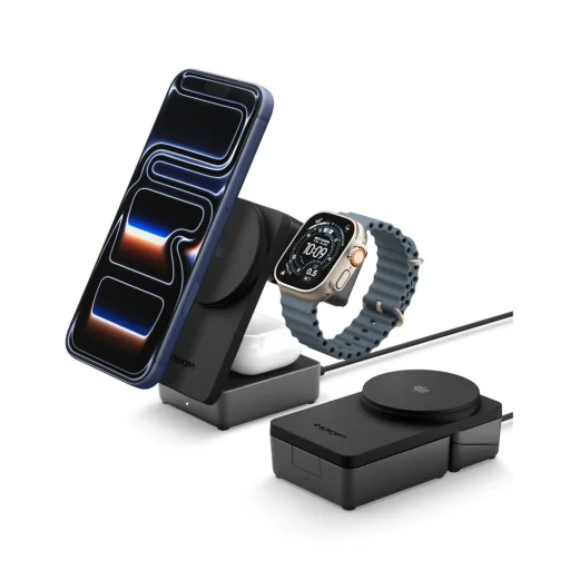 Spigen Essential EF323MQ 3in1 Mágneses MagSafe Vezeték nélküli töltőállomás 25W Qi2.2 Fekete - 6