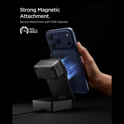 Spigen Essential EF323MQ 3in1 Mágneses MagSafe Vezeték nélküli töltőállomás 25W Qi2.2 Fekete - 10