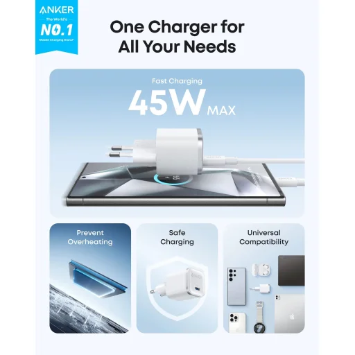 Fali Töltő Anker Nano, 45W, 3A, 1 x USB-C Fehér A2692L21 - 3