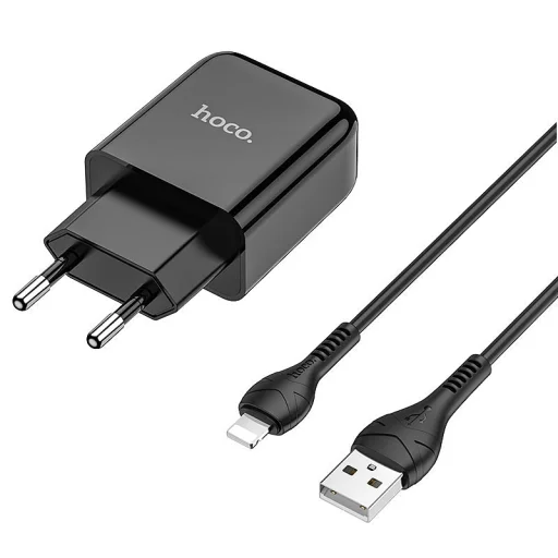 Hoco N2 fali töltő, 10W, 2A, 1 x USB-A, Lightning kábellel, fekete - 1