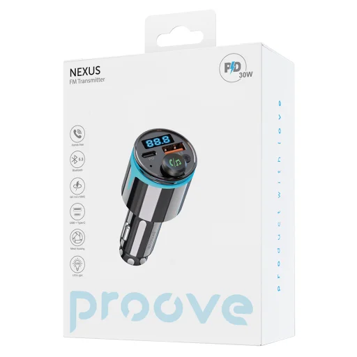 Proove - Autós töltő FM modulátorral (FMNX30110001) - USB, Type-C, U-lemez, TF, BT 5.3, Gyors töltés, 30W, LED, 12-24V - Fekete - 7