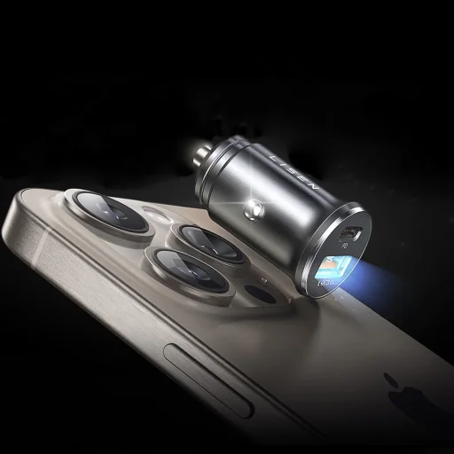 Autós töltő Lisen (YL0223080035) - 3 az 1-ben páncélozott kábellel, USB, Type-C, 12V/24V - Fekete - 2