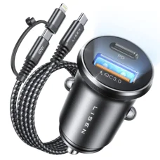 Autós töltő Lisen (YL0223080035) - 3 az 1-ben páncélozott kábellel, USB, Type-C, 12V/24V - Fekete