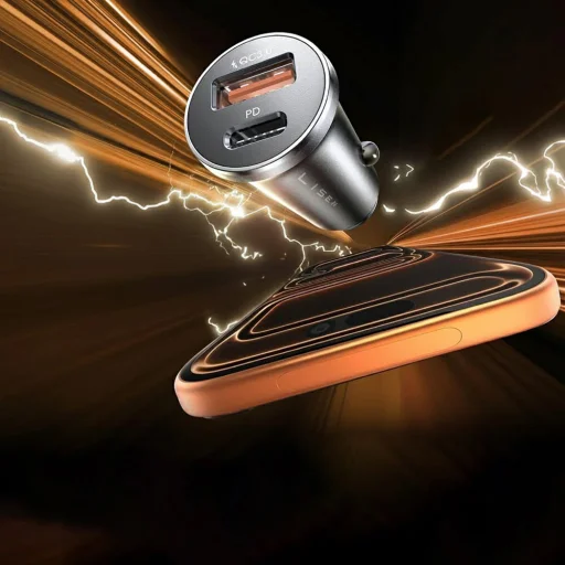 Autós töltő Lisen (YL0223080035) - 3 az 1-ben páncélozott kábellel, USB, Type-C, 12V/24V - Fekete - 3