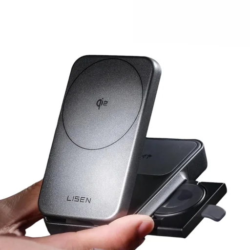 Lisen Wireless Charger W106 (YL0424120009) - MagSafe, Gyors töltés, 3 az 1-ben, Qi2, Összecsukható, Erős tartás, 15W - Szürke - 2