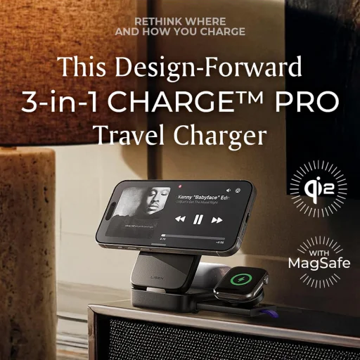 Lisen Wireless Charger W106 (YL0424120009) - MagSafe, Gyors töltés, 3 az 1-ben, Qi2, Összecsukható, Erős tartás, 15W - Szürke - 3