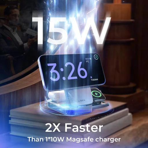 Lisen Wireless Charger W106 (YL0424120009) - MagSafe, Gyors töltés, 3 az 1-ben, Qi2, Összecsukható, Erős tartás, 15W - Szürke - 5