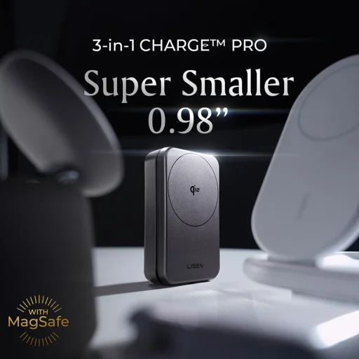 Lisen Wireless Charger W106 (YL0424120009) - MagSafe, Gyors töltés, 3 az 1-ben, Qi2, Összecsukható, Erős tartás, 15W - Szürke - 6