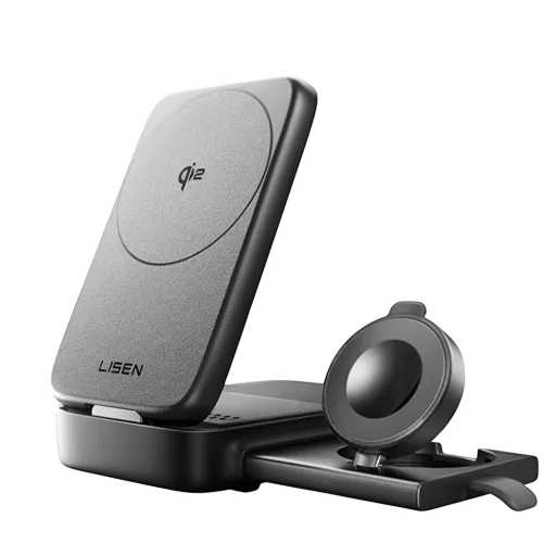 Lisen Wireless Charger W106 (YL0424120009) - MagSafe, Gyors töltés, 3 az 1-ben, Qi2, Összecsukható, Erős tartás, 15W - Szürke - 1