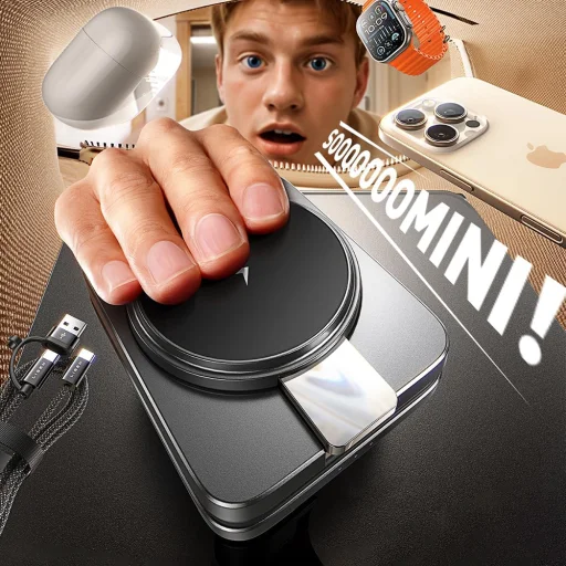 Lisen Wireless Charger W103 (YL0324090008) MagSafe, Gyors Töltés, 3 az 1-ben, Qi2, Visszahúzható Kábel, Összecsukható - Fekete - 3