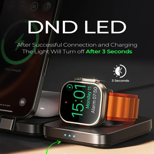 Lisen Wireless Charger W103 (YL0324090008) MagSafe, Gyors Töltés, 3 az 1-ben, Qi2, Visszahúzható Kábel, Összecsukható - Fekete - 4