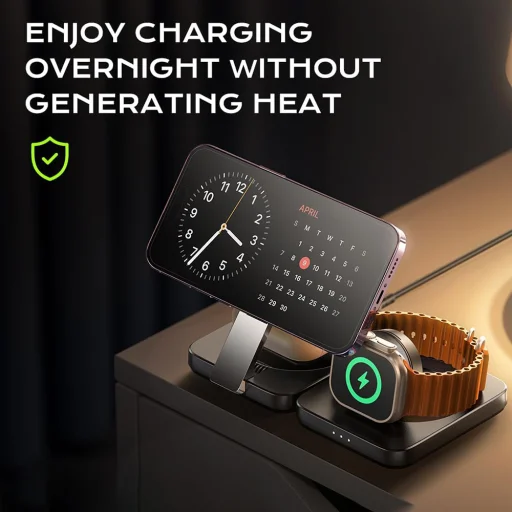 Lisen Wireless Charger W103 (YL0324090008) MagSafe, Gyors Töltés, 3 az 1-ben, Qi2, Visszahúzható Kábel, Összecsukható - Fekete - 6