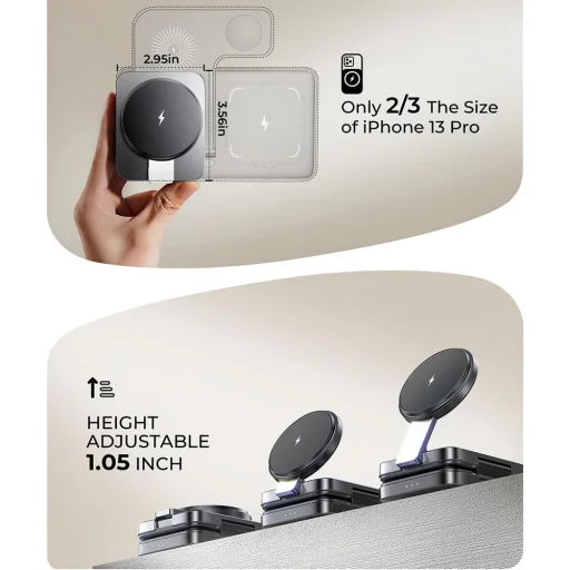 Lisen Wireless Charger W103 (YL0324090008) MagSafe, Gyors Töltés, 3 az 1-ben, Qi2, Visszahúzható Kábel, Összecsukható - Fekete - 8